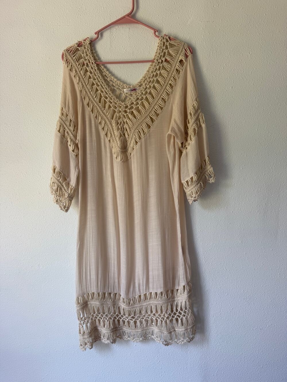 Open Knit Hippie Boho Overlay Crochet Top Festival Tunic Size L Tan Coachella